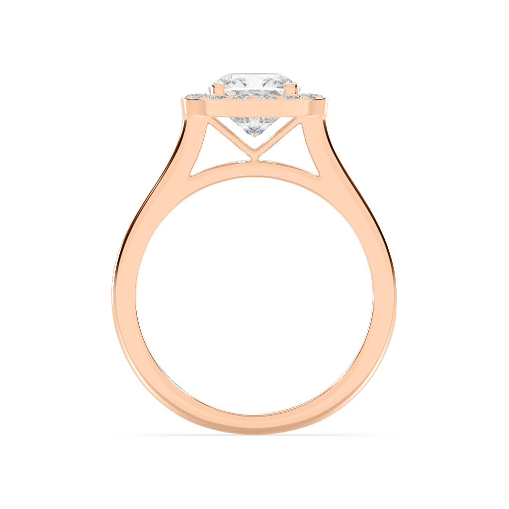 9ct Rose Gold Cushion Cut Vee Style Halo Engagement Ring