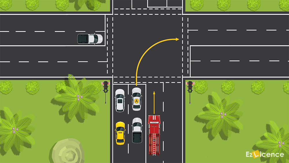You are about to make a right hand turn at this intersection. You have the green light. You hear a siren and then see that a fire truck will soon overtake you. You should –