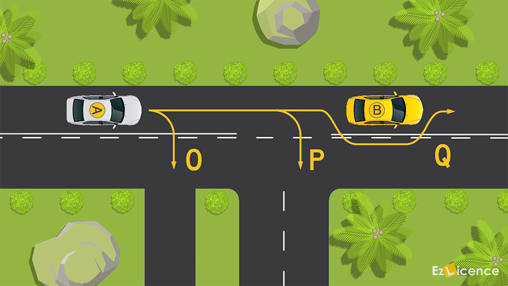 Which movements shown in the diagram can legally be made by the driver of vehicle A? 