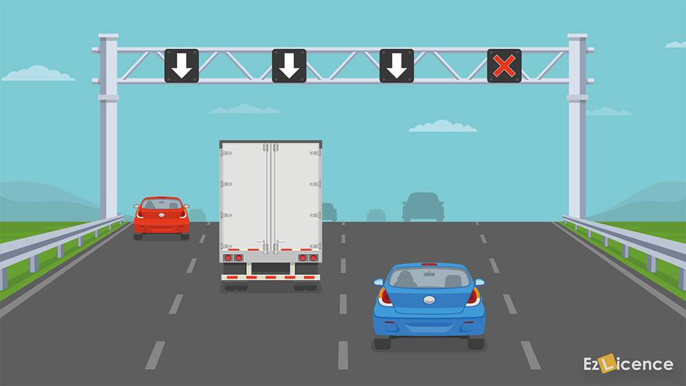 You are driving along a road with overhead lane signals. Which lane are you allowed to use?