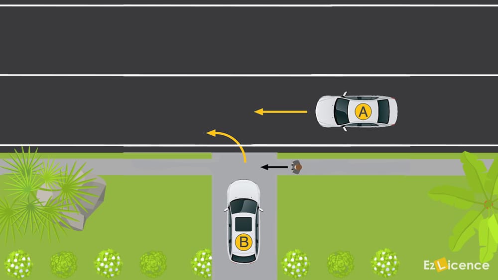 You are driving vehicle B out of the driveway. When should you sound your horn?