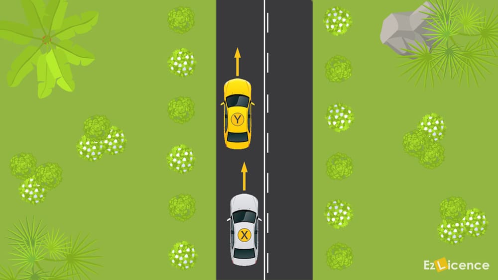 You are in vehicle Y. Vehicle X is driving too closely behind you. What should you do?