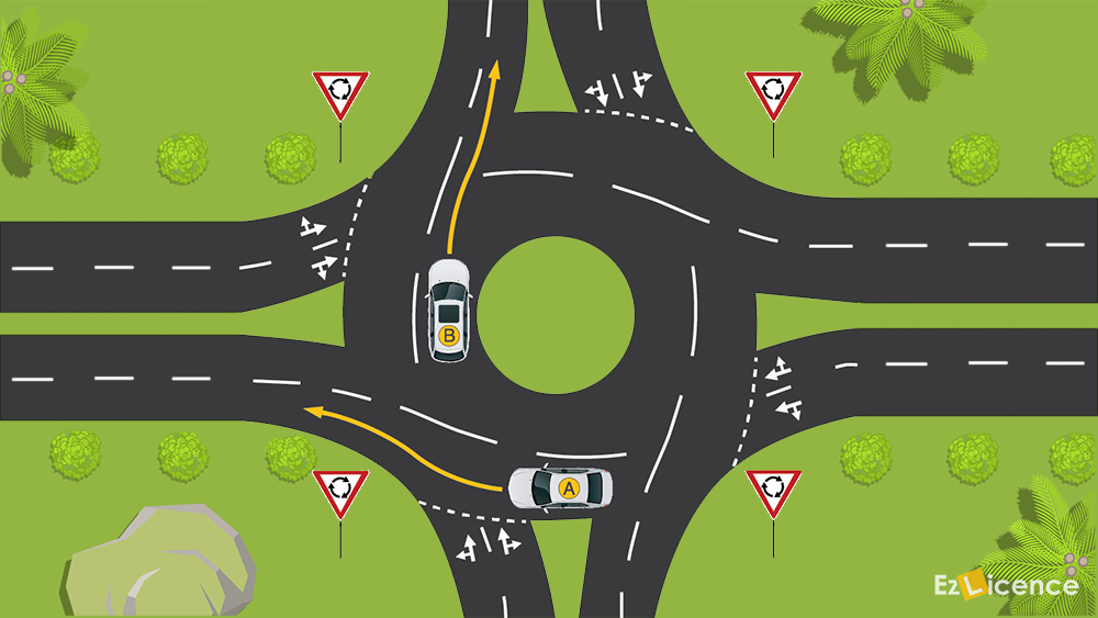 Which vehicle must signal to leave the roundabout if practical?