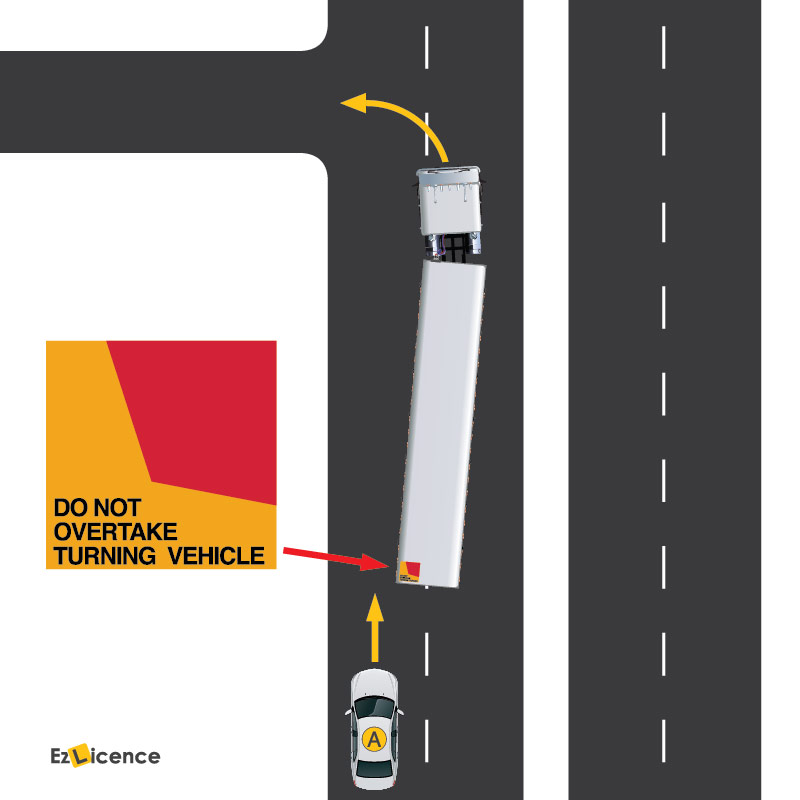 You are behind a truck that is signaling and starting to turn left. The truck is displaying a 'Do not overtake turning vehicle' sign and is in the second lane from the left side of the road. You also want to turn left. What must you do?
