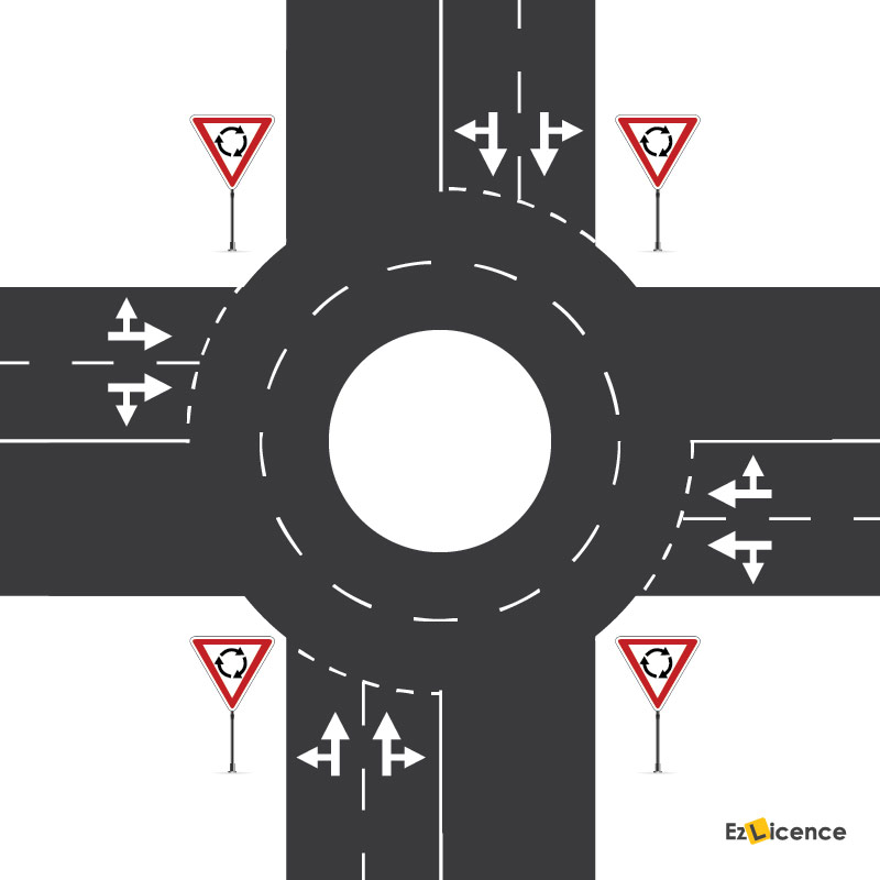 You are driving towards a marked multi-lane roundabout. You want to travel straight through the roundabout to the road opposite. What lane must you take?
