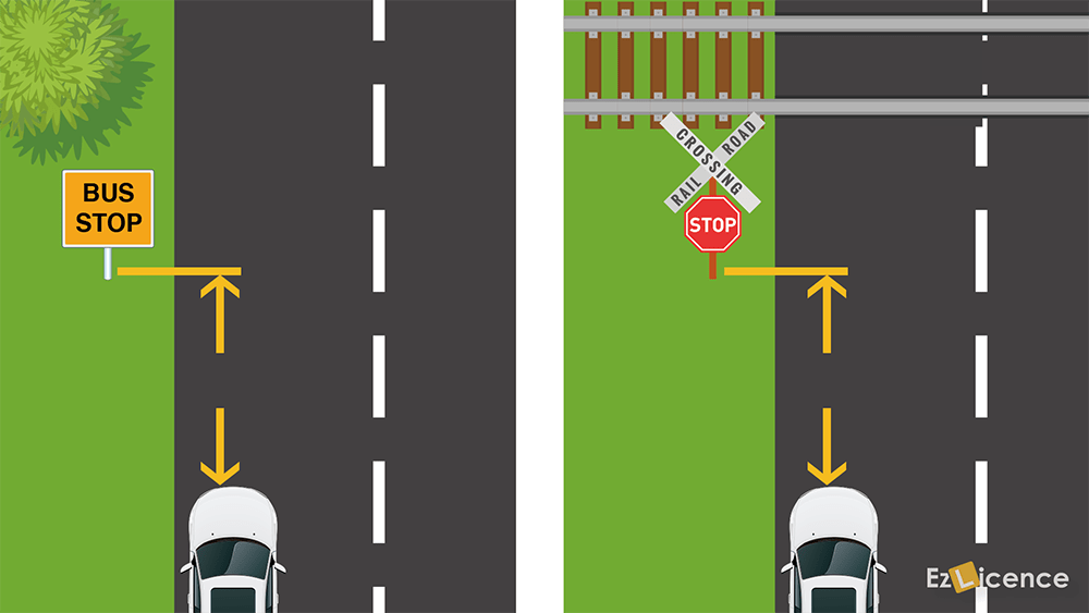 Looking at the diagrams, how far from the approach side of a bus stop or a railway crossing are you allowed to stand or park your vehicle?
