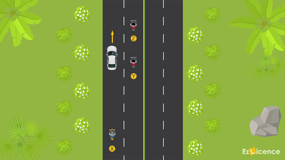 Which motorcycle is in the car driver's blind spot?