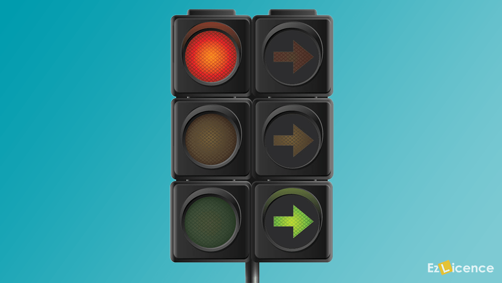 When approaching traffic lights, what does a red light with a green arrow (as shown in the diagram) mean?