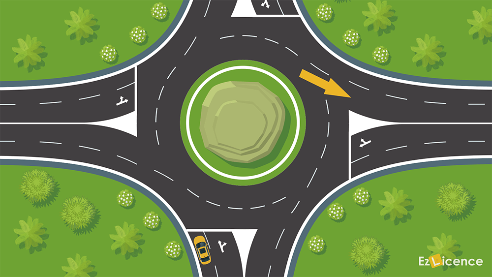 The car wants to turn right and exit the roundabout in the street indicated by an arrow. Is the car positioned in the correct lane to do this?