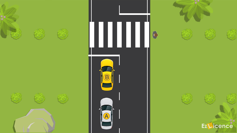 You are driving Car A. Car B in front of you has stopped at a pedestrian crossing. 
You must:
