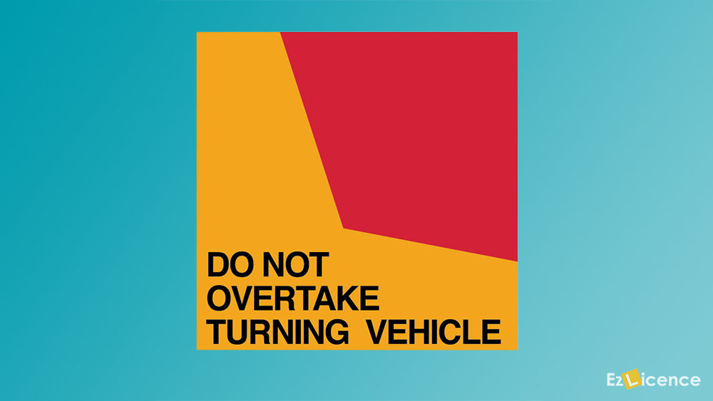 You are behind a long vehicle (7.5 m or more in length) that is signaling and starting to turn left. The truck is displaying a Do not overtake turning vehicle sign and is in the second lane from the left side of the road. You also want to turn left. What must you do?