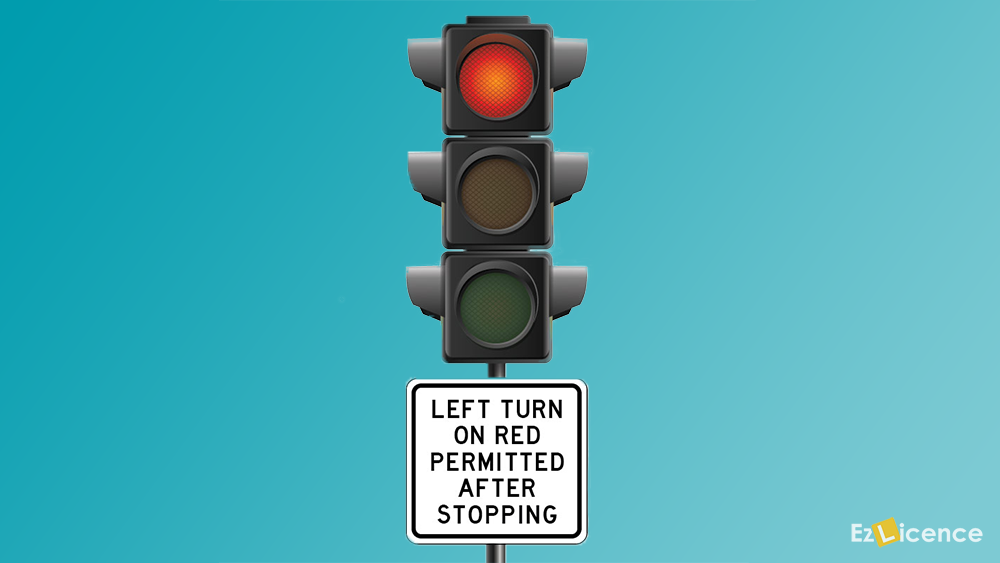 You wish to turn left at this intersection. The traffic lights are red and you see this sign. You should -