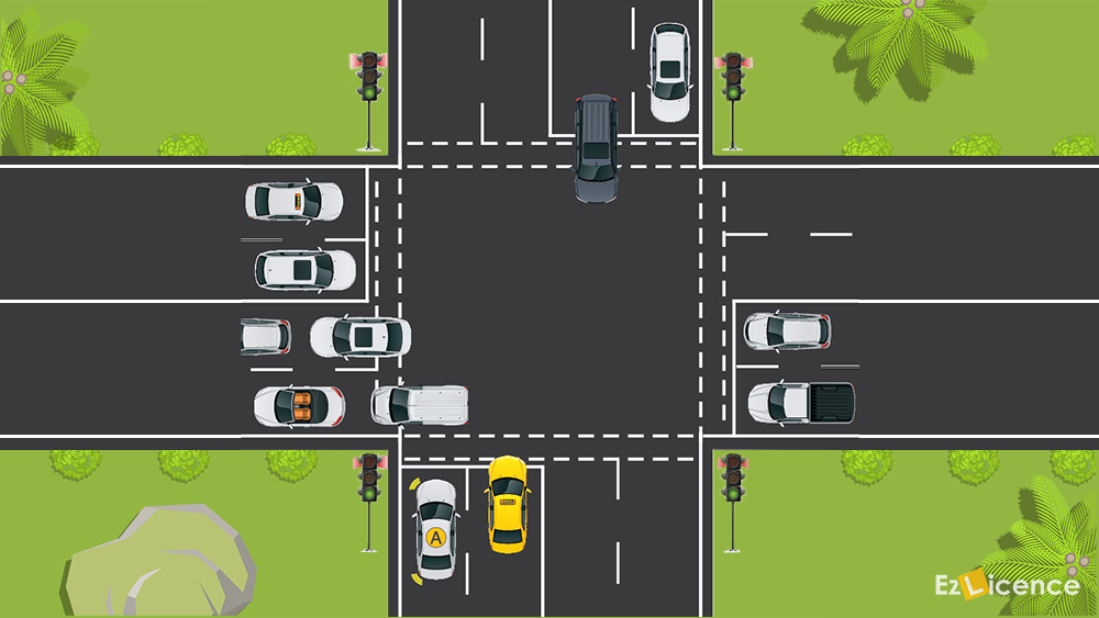 You are in Vehicle A. You wish to turn left at this intersection and the traffic lights are green. What should you do?