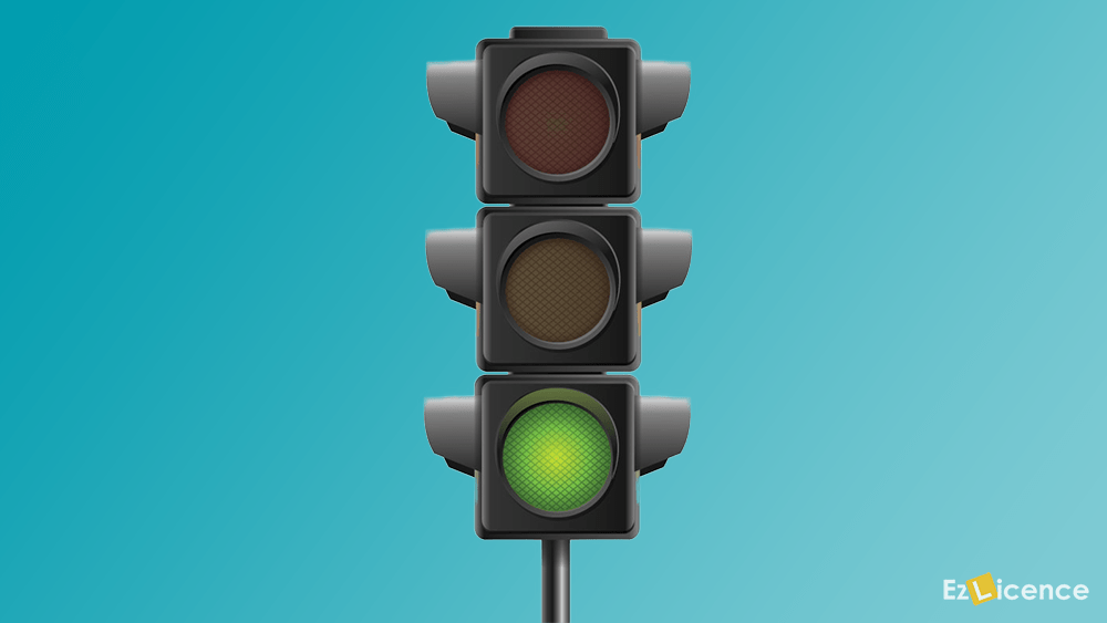 You are waiting at an intersection and the lights are red. The traffic lights change to green. You should