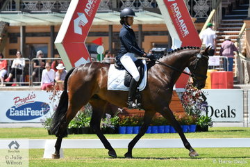Raceelle Verma representing South Australia is pictured riding Wendy Schaeffer-McDonald's, 'Koyuna  Dark Sun' by Koyuna Quarterback during the dressage phase of the Horseland CCI 2 *.