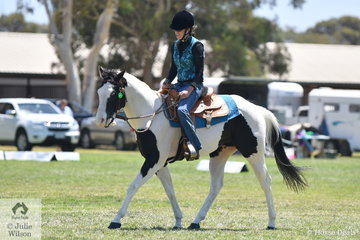 Bronwyn West is pictured aboard her successful stallion, 'Skye Blu Ris Key Invader' that competed in a number of classes, Pinto, Paint and Western.