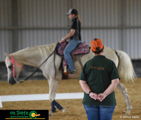 At the 2019 Burpengary Summer School there were a variety of coaches. Pictured is Vivian Wearing giving Donna Lucas a western dressage lesson in the indoor..