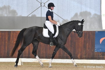 Louise Robertson is pictured aboard , 'Bellaire Cartier' during round one of the Four Year Old Young Dressage Horse class.