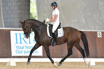 Well known professional international rider, Maree Tomkinson rode the Tomkinson Group's latest Diamantina production, 'Neo' to earn 87.80% for third place in round one of the Four Year Old Young Dressage Horse class.