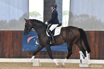 Cassia Montgomery rode, 'Heathmont For Fun M' to earn 73.60% in round one of the Four Year Old Young Dressage Horse class.
