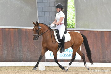 Clair Arnold riding 'Roseglen Stolen Dance' took fifth place in the 4yo Young Pony Round One.