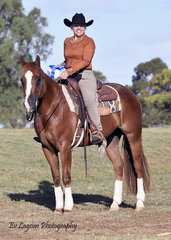 SHELLY BIANCON, VICTORIAN STATE CHAMPION, SELECT AMATEUR RANCH RIDING AND SELECT AMATEUR REINING, RIDING SNINEY AND GAY.