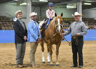 JUDGES SHANE MASSINGHAM (QLD) AND CRAIG RATH (VIC) WITH YOUTH 3-6 YEARS LEADLINE WINNER STEVIE BATTEN RIDING TALL DARK N OKAY, WITH ASSISTANCE FROM LEN BATTEN