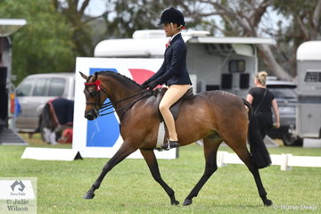Tahlia Young is pictured aboard Greg Gerry's, 'Whitmere Etherial' during the class for Child's Medium Pony Hack on day one of the 50th Barastoc Celebration Victorian Horse of the Year Show