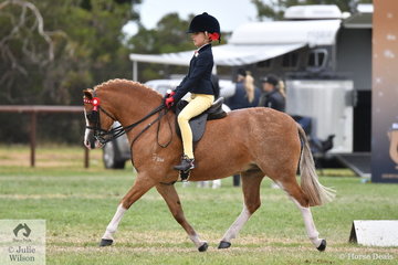 Taylor Shute, pictured riding, 'Owendale Black Thorn' took second place in the class for Rider Under 9 Years.