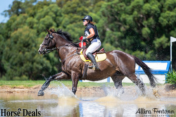Nothing like cooling off in the water half way through the cross country course says Keira Byrnes and Kinnordy Giuliani II