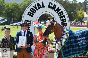 Candice Carroll's, 'CP Slimplicity' was declared Champion Gelding and Supreme Champion Led Thoroughbred. The victory was all the more sweet, as the horse was seriously ill in November. Candice is pictured with L-R Roz Keir, one of those  responsible for the 2019 ACTewAGl Royal Canberra Show and Thoroughbred judge, Brendan Mackay.