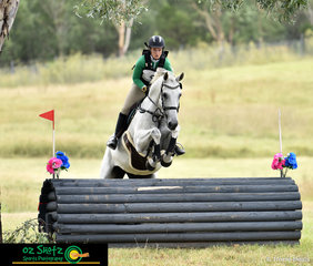 With no intention to touch the jump, Anneka Saunders and Charlton Ultra tuck up tight over the EvA95 cross country fences at the Sydney International Equestrian Centre.