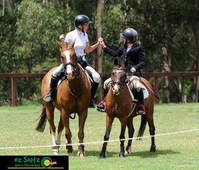 Celebrating their clear rounds in the EvA95 Show Jumping were Charlotte Hawkins and Melkiyana Mac (left) and Poppie Gorton on Fots Farm I Spy (right) at the Sydney Eventing Summer Classic..