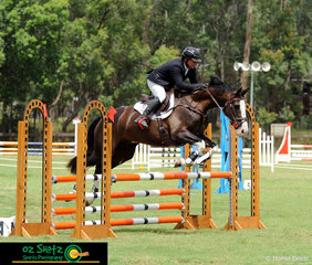 The flashy Ripleys Dream takes rider, Damian O'connell through the first element of the combination on the EvA95 Show Jumping course. 