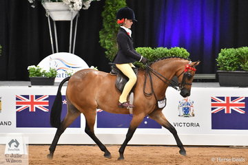 Annabelle Richardson was showing her talent today and claimed the Child's Medium  Pony Championship riding Maddy Ginn's very successful, 'Harrington Park Symphony'.