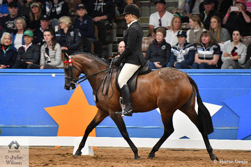 Riding for South Australia, Samantha Kennedy is pictured aboard Sarah Binns, 'Glo Brook Glory Be' that took third place in the Small Galloway Championship.