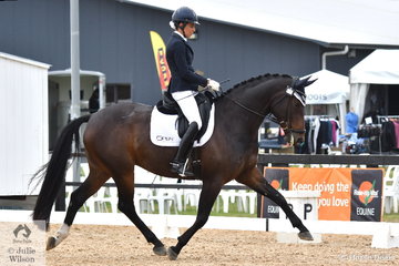 Deborah Oliver is pictured aboard, 'Highfields Bella Vita' during Round 1 of the Seven Year Old Young Horse Championships.