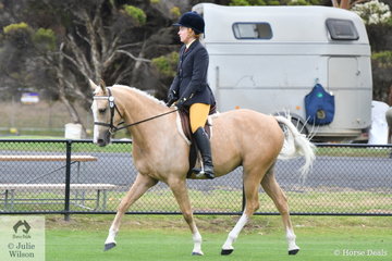 Michelle Johnson rode her, 'Milaan Kikachu' to win the class for Ridden Five Year Old Galloway.