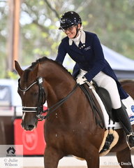 Mary Nitschke from South Australia rode her own Regardez Moi gelding, 'Utopian Cardinal' to take second place in the Intermediate II CDI U25 on day one of the 2020 Willinga Park Dressage By The Sea.