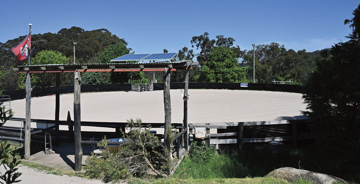 The rubber-lined 40m diameter sand arena which is ideal for cattle work. The two solar panels on top of the coaching/viewing hut power four lights that “light up like the MCG”.