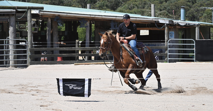 Resident, John Damiano is doing a bit of cutting training on the mechanical cow aboard his, EB’s Last Touch aka Robbie.