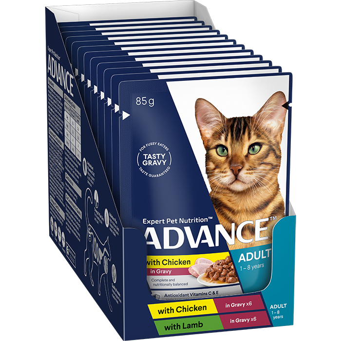 Advance Variety Pack Chicken & Lamb in Gravy Adult Food Cat Pouch 85g-12 Pack, 85g 12 Pack