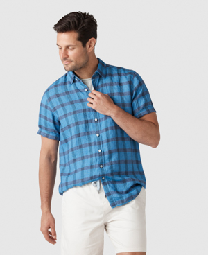 Rodd & Gunn Delaware Stream Linen Short Sleeve Button-up Shirt In Cyan