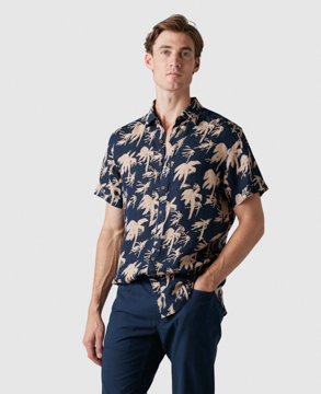 Rodd & Gunn Haskell Point Linen Palm Print Sports Fit Button Down Shirt In Midnight