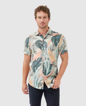 Rodd & Gunn Edwin Street Leaf Print Short Sleeve Linen Button-up Shirt In Tropical