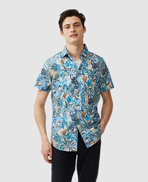 Rodd & Gunn Admiralty Bay Front Print Short Sleeve Cotton Button-up Shirt In Lagoon