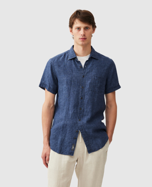 Rodd & Gunn Palm Beach Sports Fit Short Sleeve Linen Button-up Shirt In Blue