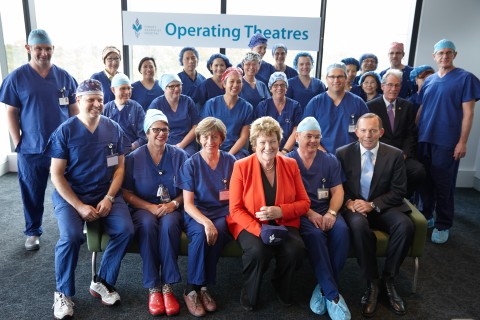 State Health Minister Jillian Skinner, Prime Minister Tony Abbott and Adventist HealthCare Limited CEO Dr. Leon Clark met San Operating Theatre Staff