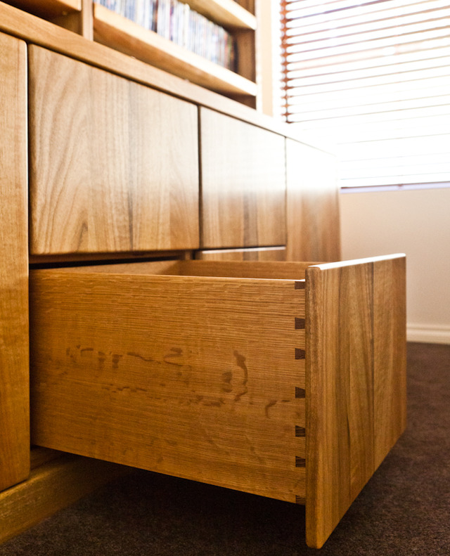 DVD display cabinet by Peter Walker - Marri Bookcase, Dvd Storage, Sideboard, Display Case, Shelving Unit, Marri Furniture, Bookcase, Dovetails