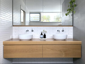Bathroom Vanity | Custom Handmade by Raw Edge Furniture - American Oak, Danish Design, Scandanavian, Mid Century, Benchseat, Bench Seat, Turned Legs, Wood Turning, Wood Turned, Oak